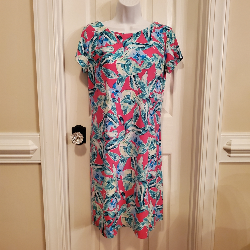 Cappagallo - Tropical Pink & Blue Palm Print - Shift Dress - Sz. Sm
